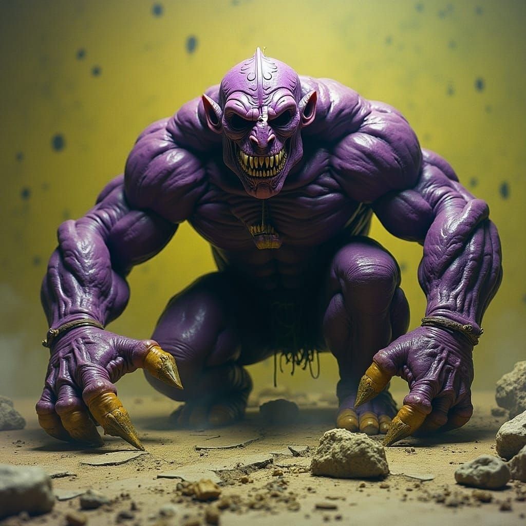 Muscular Purple Creature Crouching in a Grungy Environment