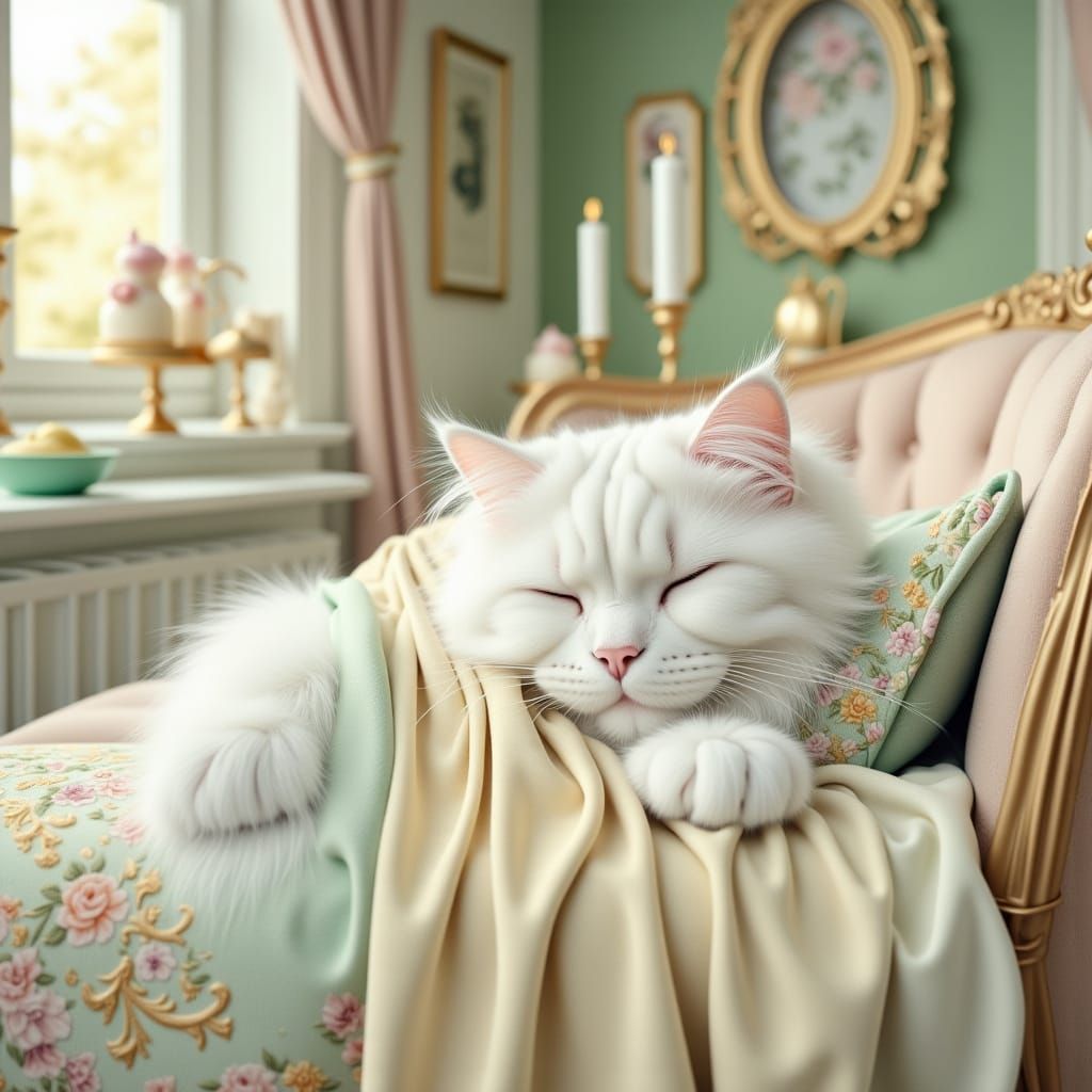 <lora:Langhaarige Katzen:1.0>A highly detailed watercolor painting of a white Turkish Angora cat. She is wrapped in a sp...