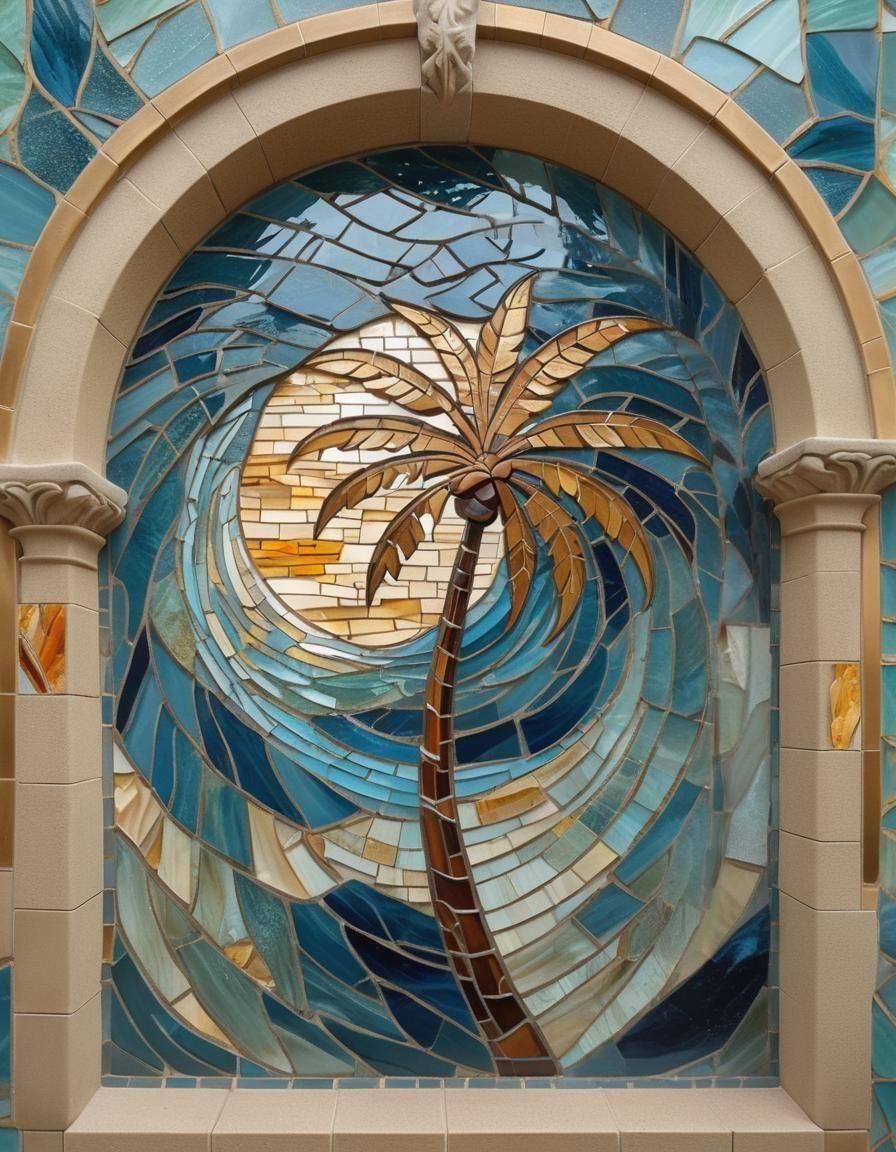 Epic Mosaic Window of Stormy Waves in Art Nouveau Style