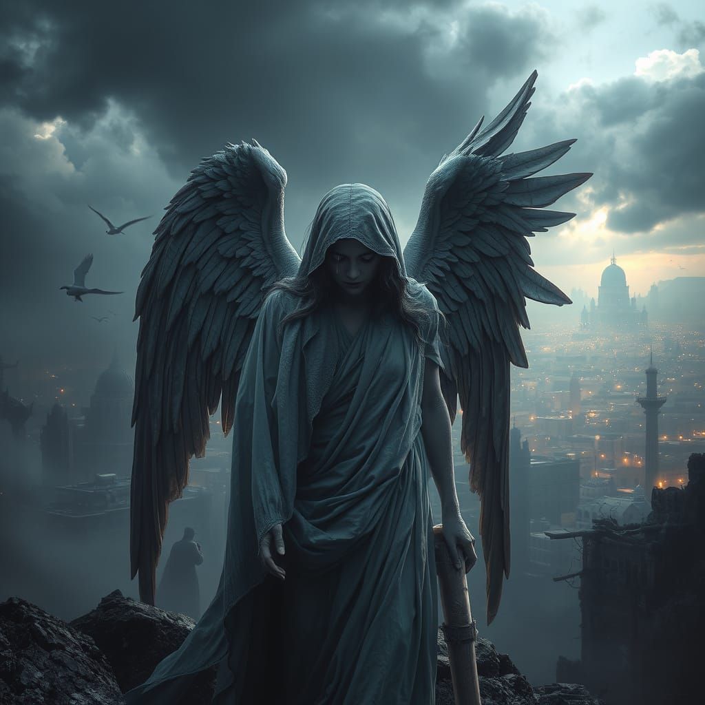 Weeping Broken Angel in Apocalyptic Cityscape