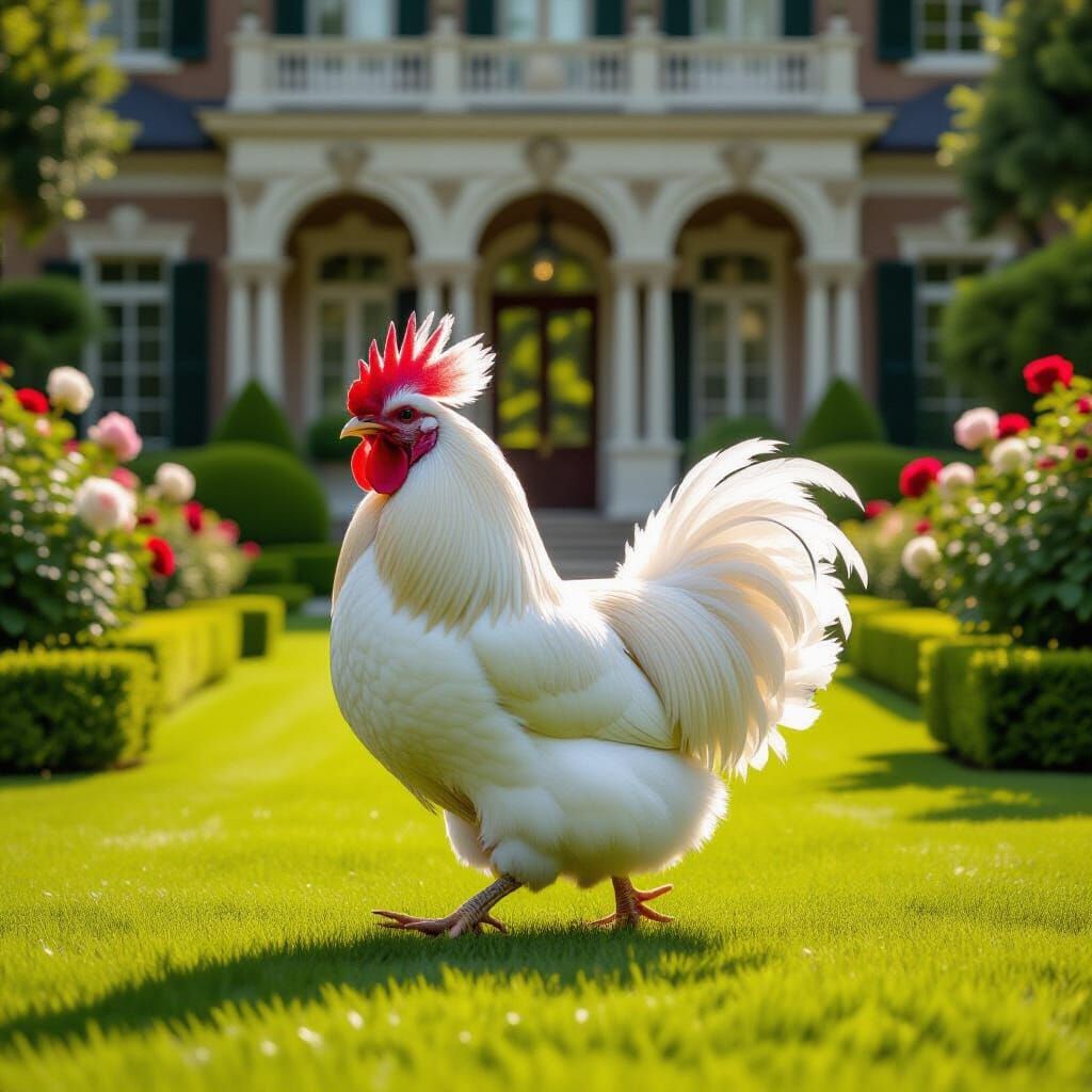 Majestic Silkie Chicken in Renaissance Style Garden