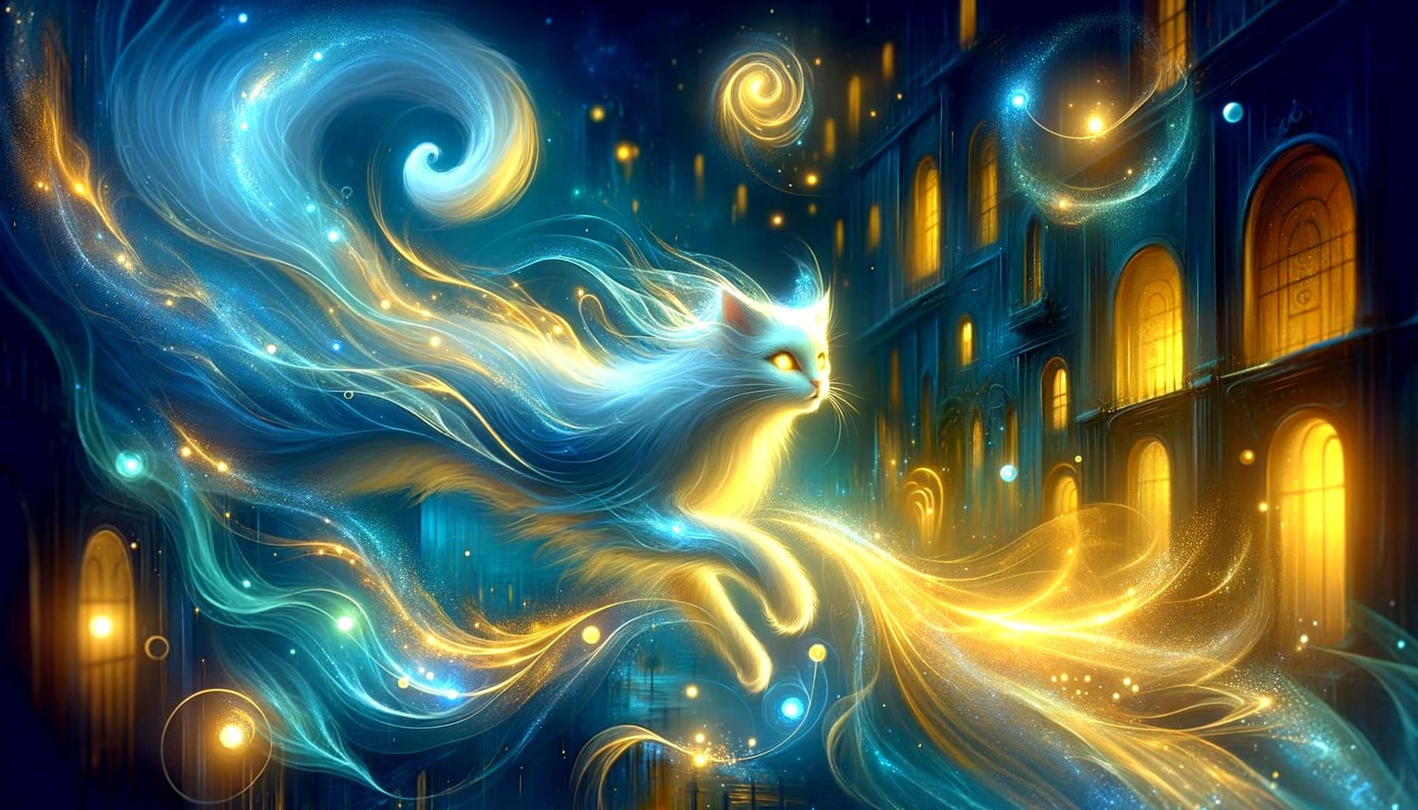 Ethereal Cat Leaping Through Enchanted Cityscape