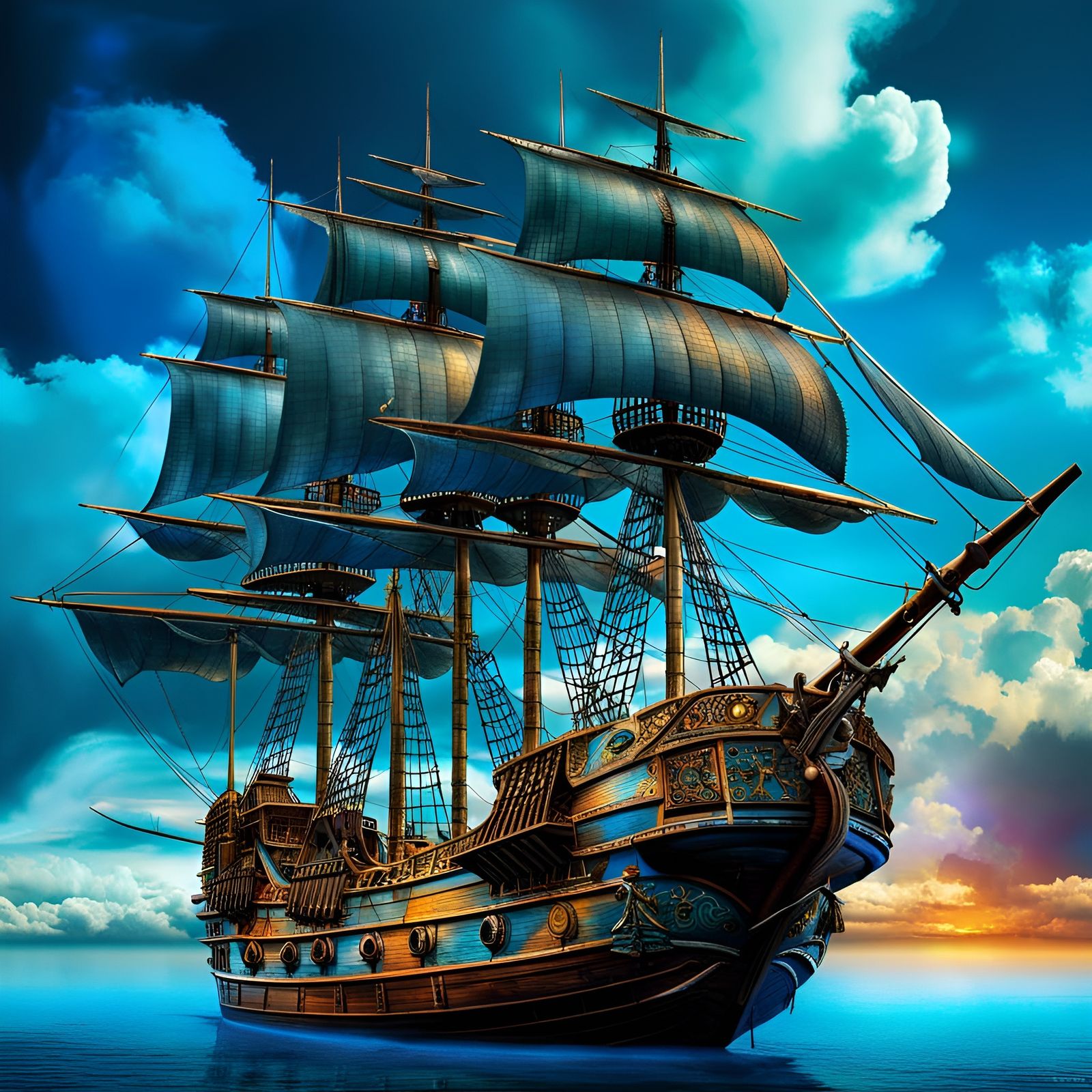 Surreal Pirate Ship on Water, Digital Art