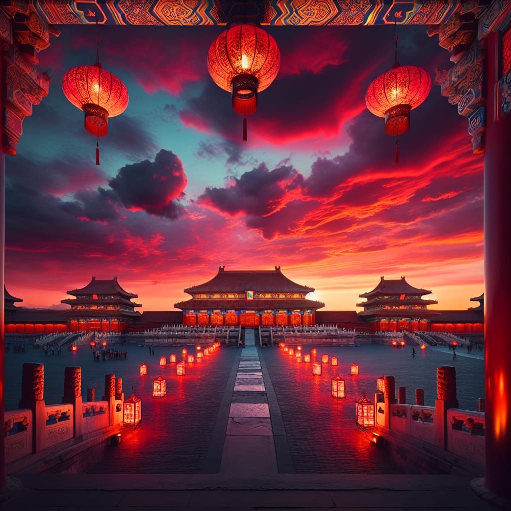 Forbidden City at Sunset: Red Lanterns Glow
