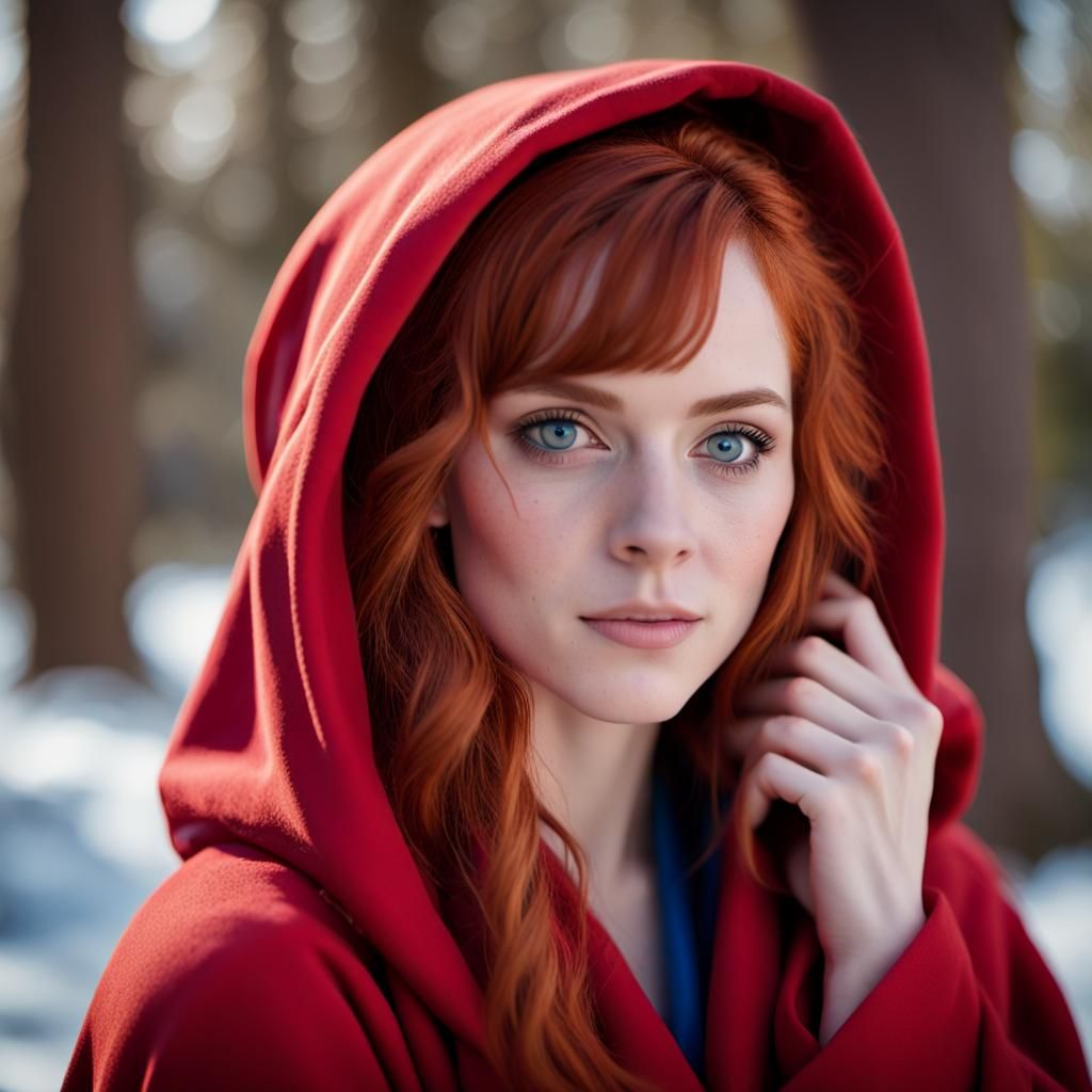 Red-Haired Woman in Red Hooded Robe Portrait