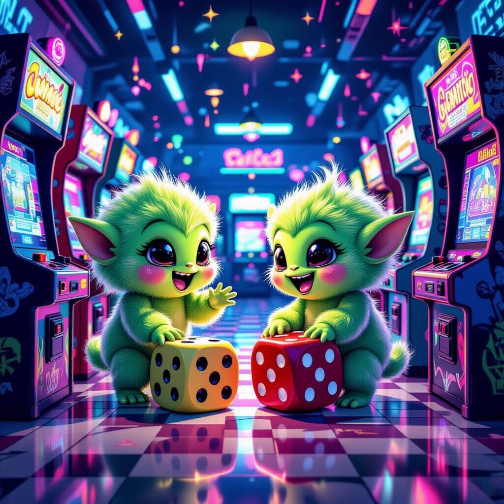 Cute Aliens Playing Dice in Neon Arcade