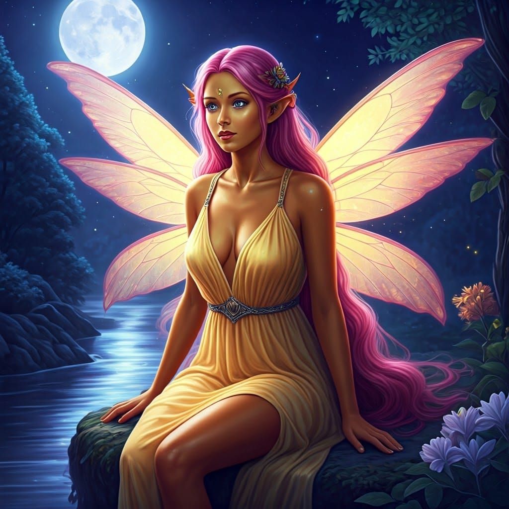 Fantastical Moonlit Fairy in Vibrant Colors