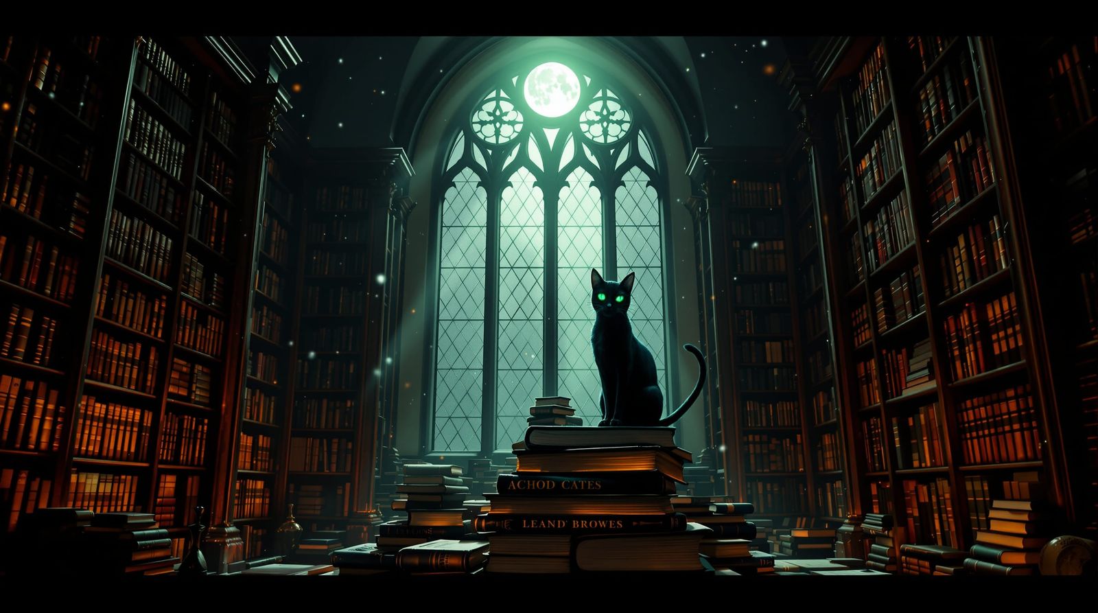 Gothic Library with Cat, Moonlight and Ancient Tomes