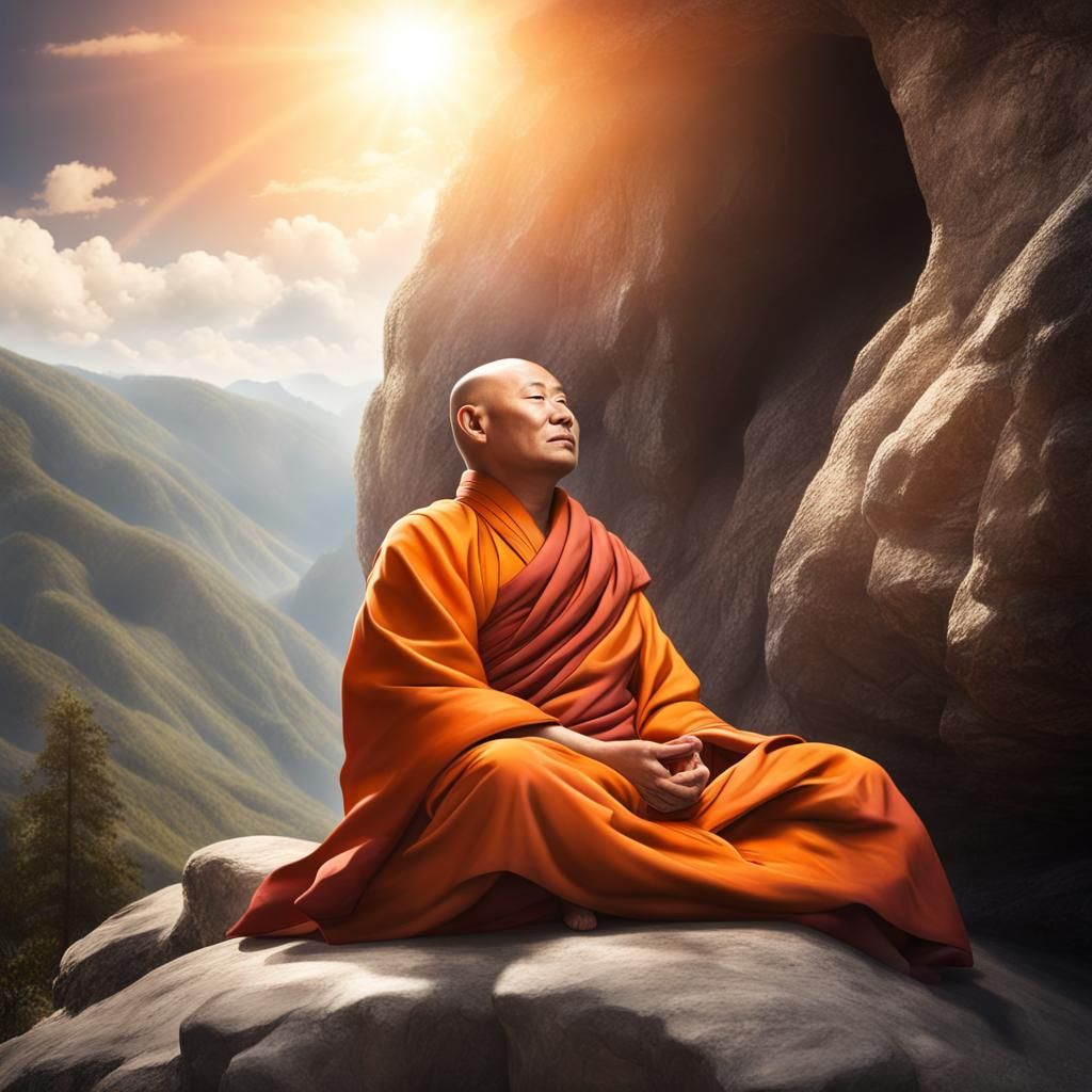 Tibetan Monk Meditating in Mountain Cave with Sunlight