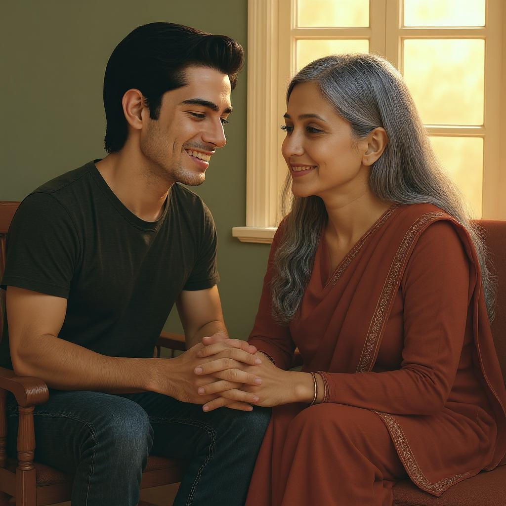 Cozy Indoor Scene: Mother and Son Holding Hands