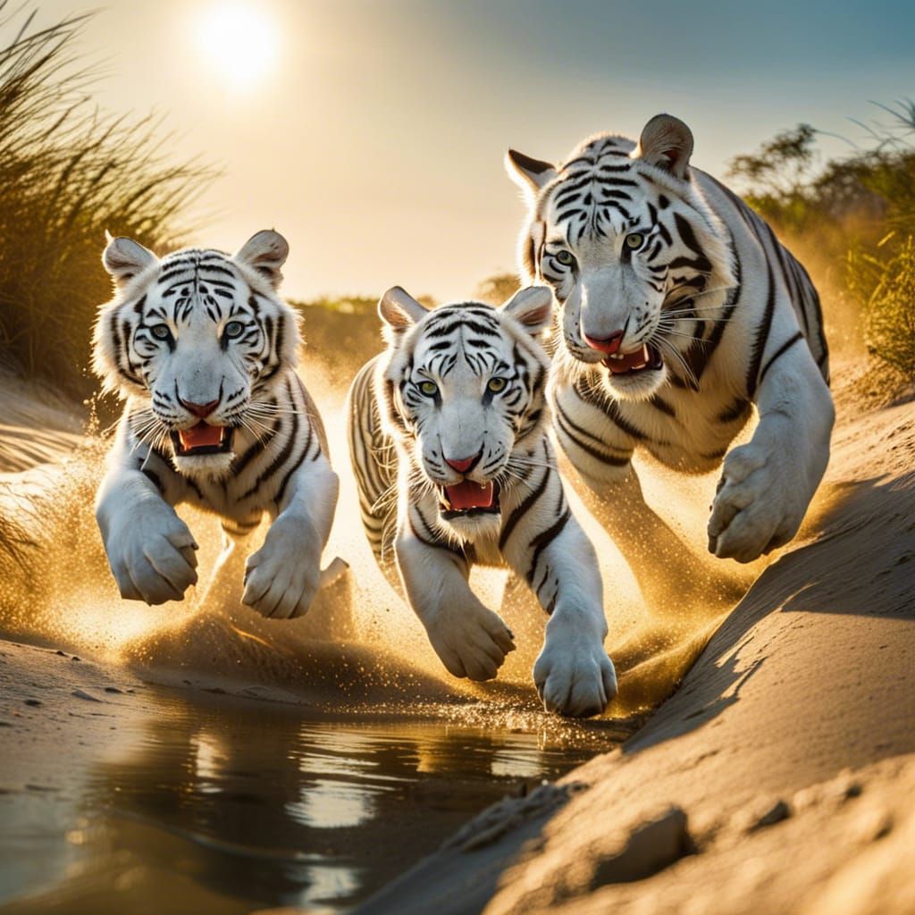 """White Tiger family running around water hole