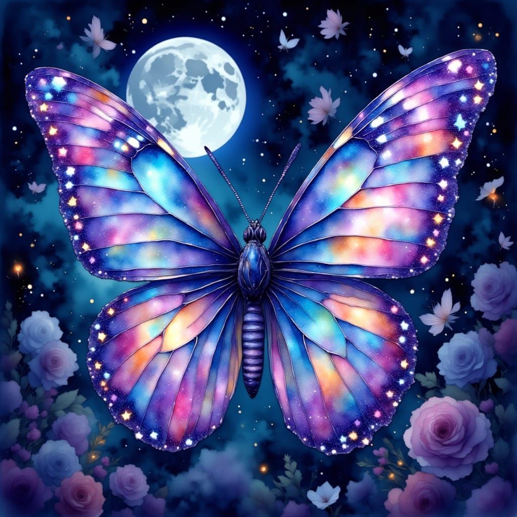 Hyperrealistic Butterfly in a Fantasy Night Sky