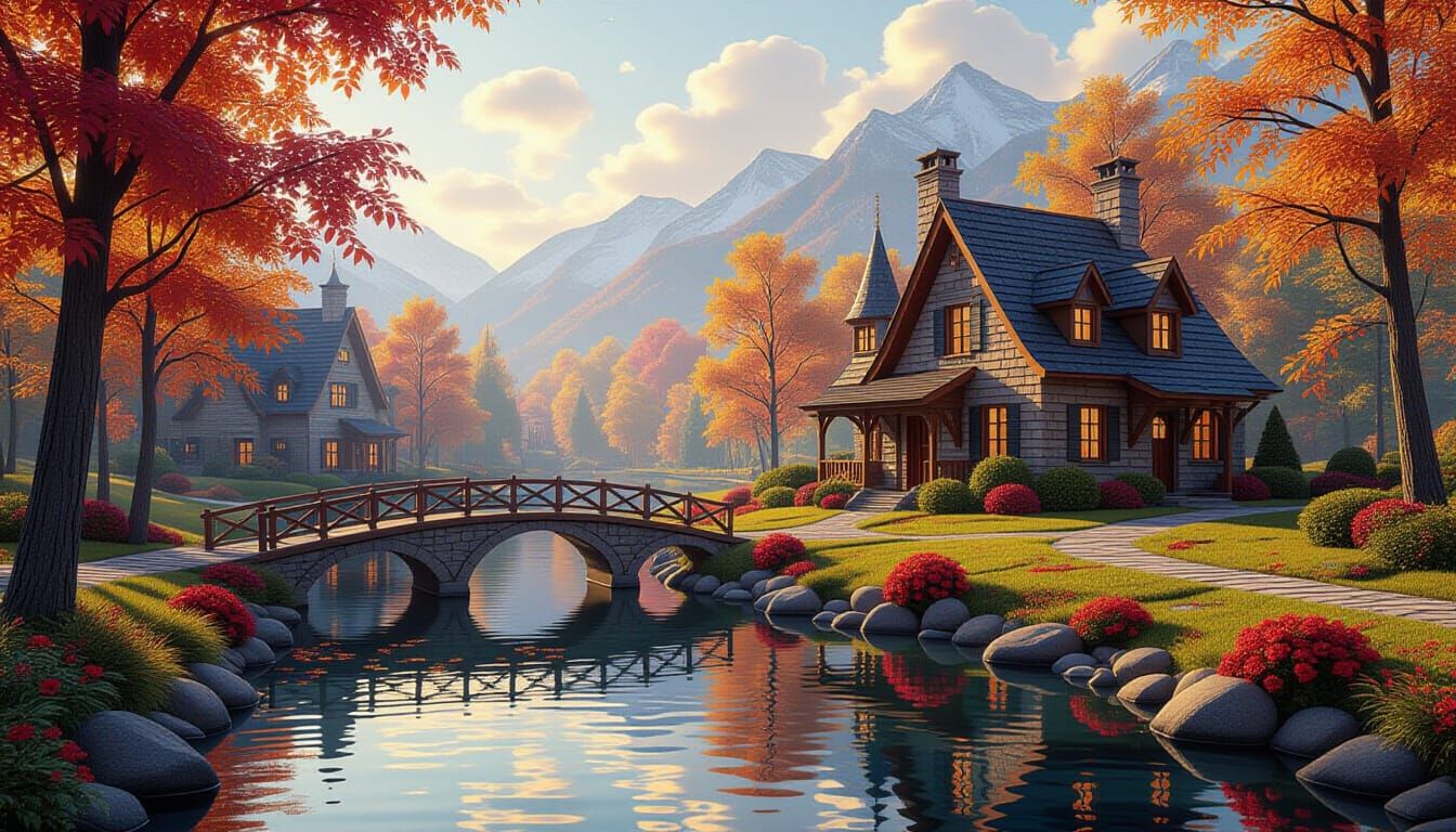 Luminous Embroidered Autumn Scenery, Kinkade Style