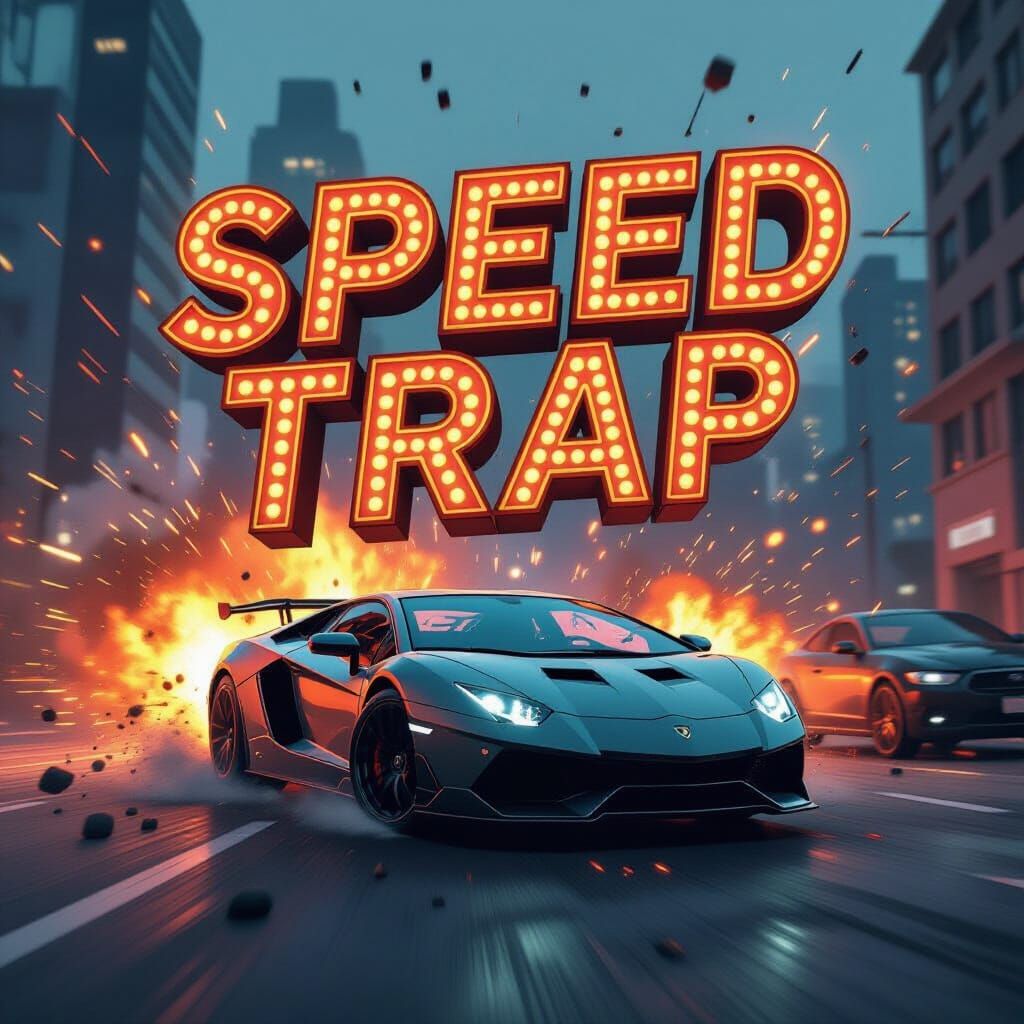 High-Energy Cityscape with Speed Trap Neon Sign