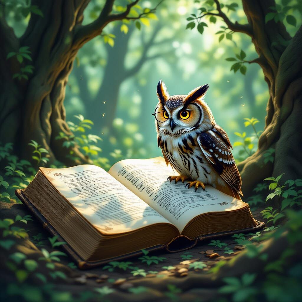 Mysterious Forest Book with Glowing Symbols and Owl