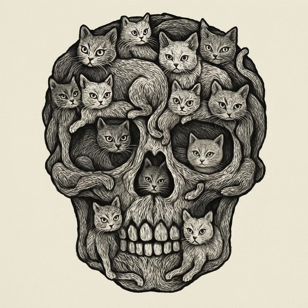 Monochrome Skull Made of Cats Illustration