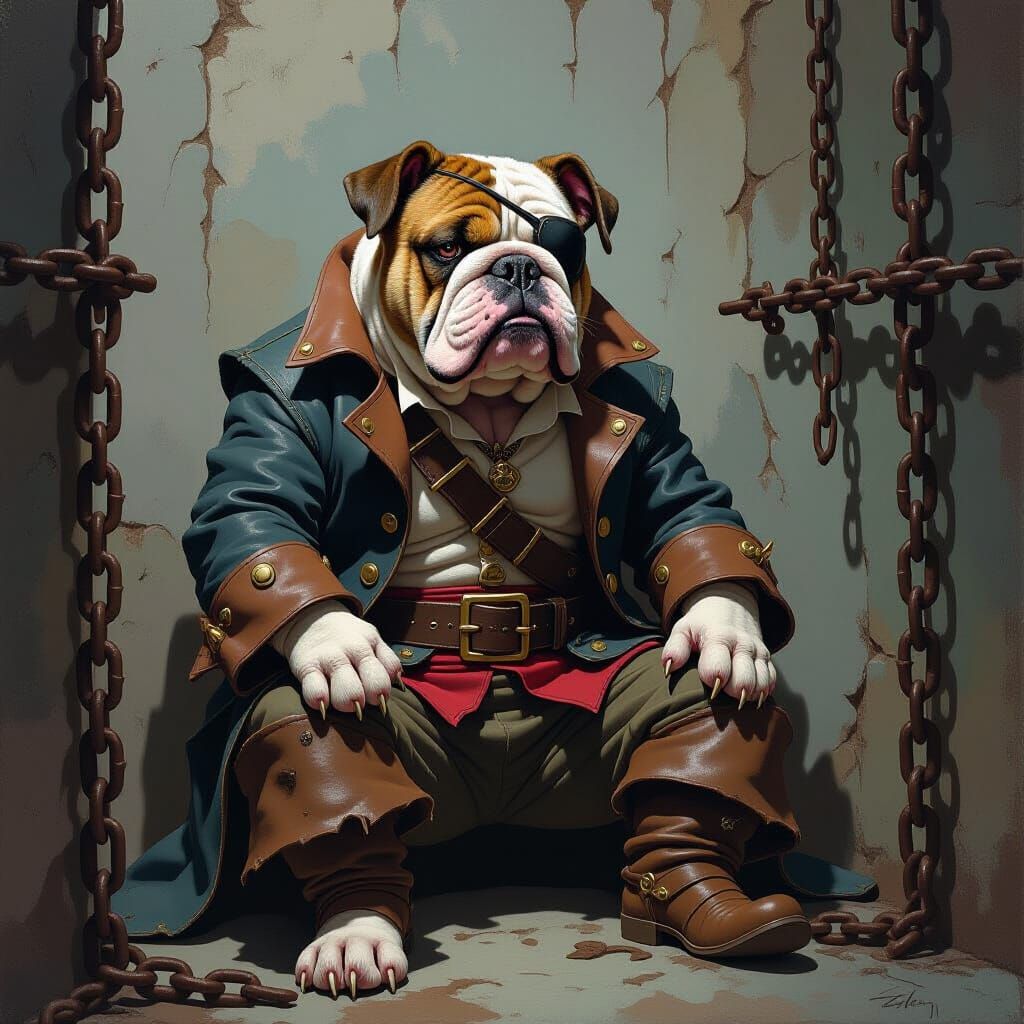 Bulldog Pirate Awaiting Fate in Dimly Lit Cell