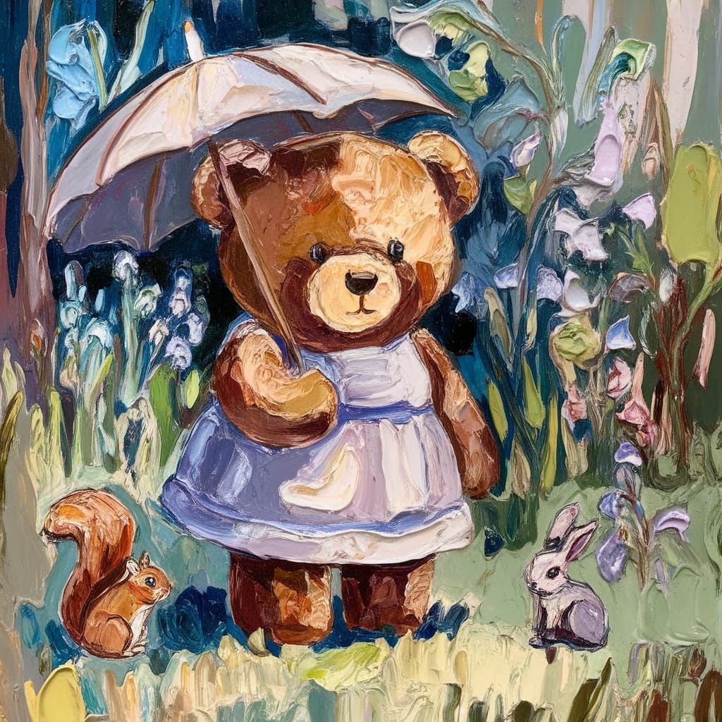 Whimsical Gouache Painting of a Brown Teddy Bear in a Floral...