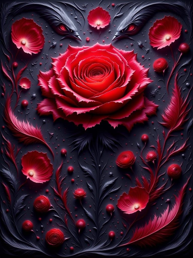 Dark Fantasy Red Rose and Raven Art