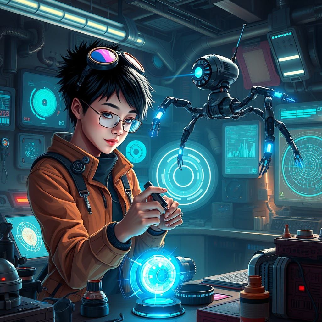 Brilliant Inventor in Futuristic Lab with Holographic Screen...