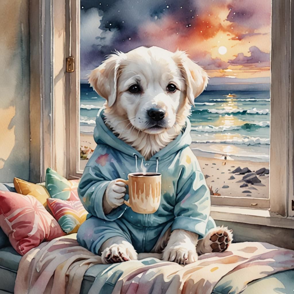 Puppy's Cozy Stormy Day: Pastel Watercolor