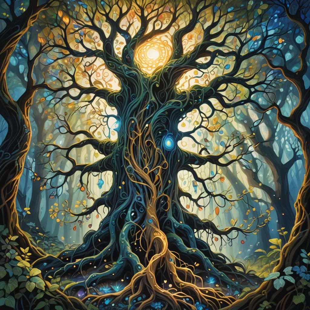Glowing Tree in Mystical Forest Acrylic Painting