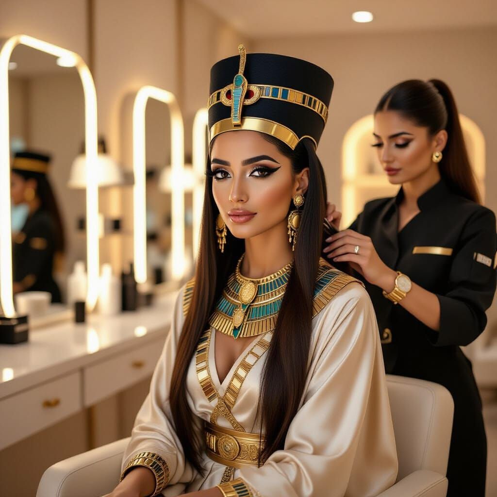 Egyptian Princess in Modern Salon Getting Hair Styled