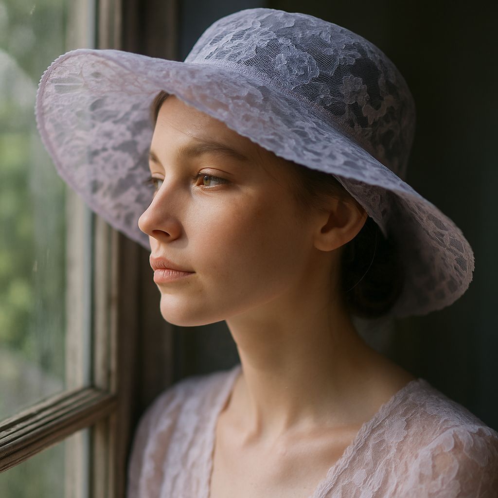 Woman in Elegant Pastel Purple Lace Hat, Captured in Soft Fo...