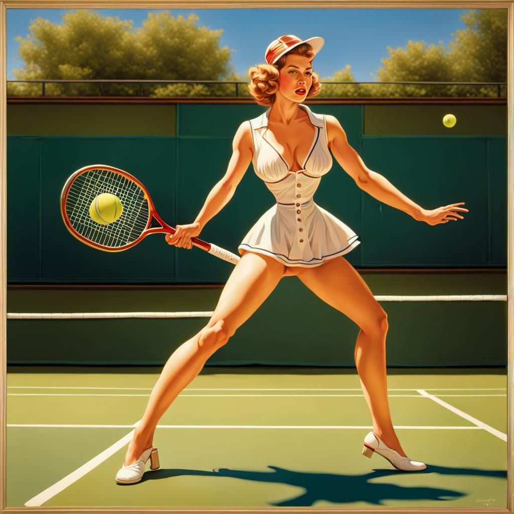 Vintage Pin-Up Tennis Player in Hyperrealistic Style