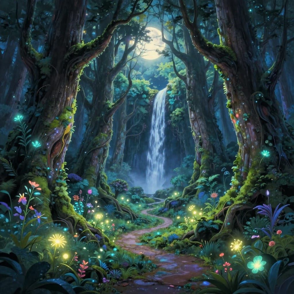 Ancient Forest Moonlight Path to Hidden Waterfall