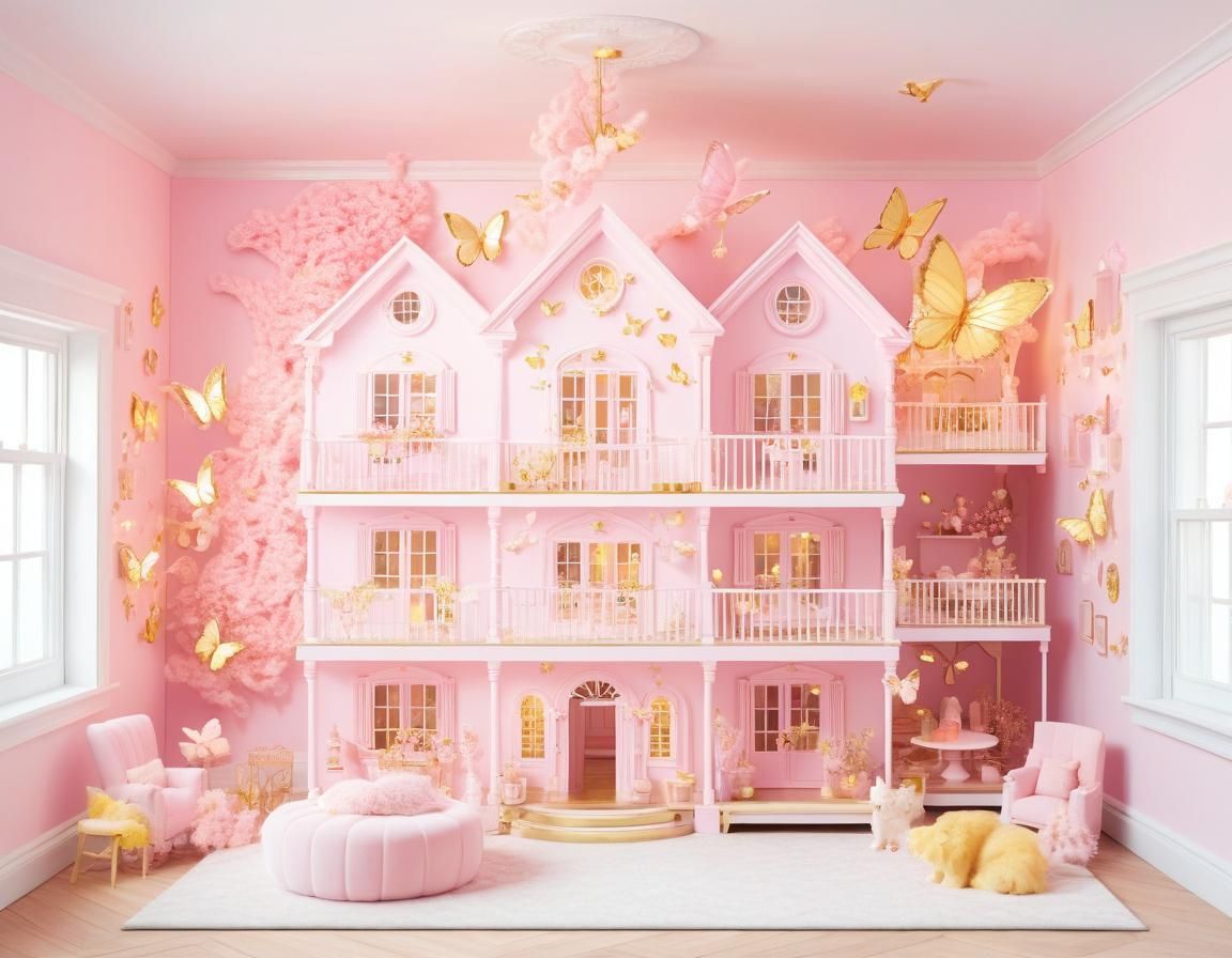 Magical Pink Dollhouse with Golden Butterflies
