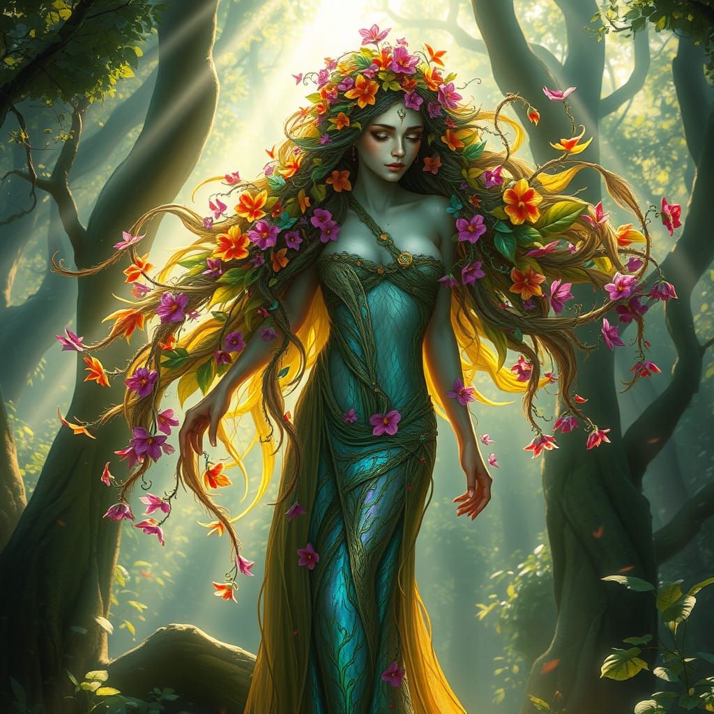 Rainbow Dryad in Ancient Forest Digital Painting