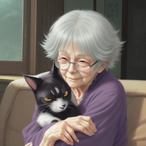 Anime Style: Old Woman Hugging Cat