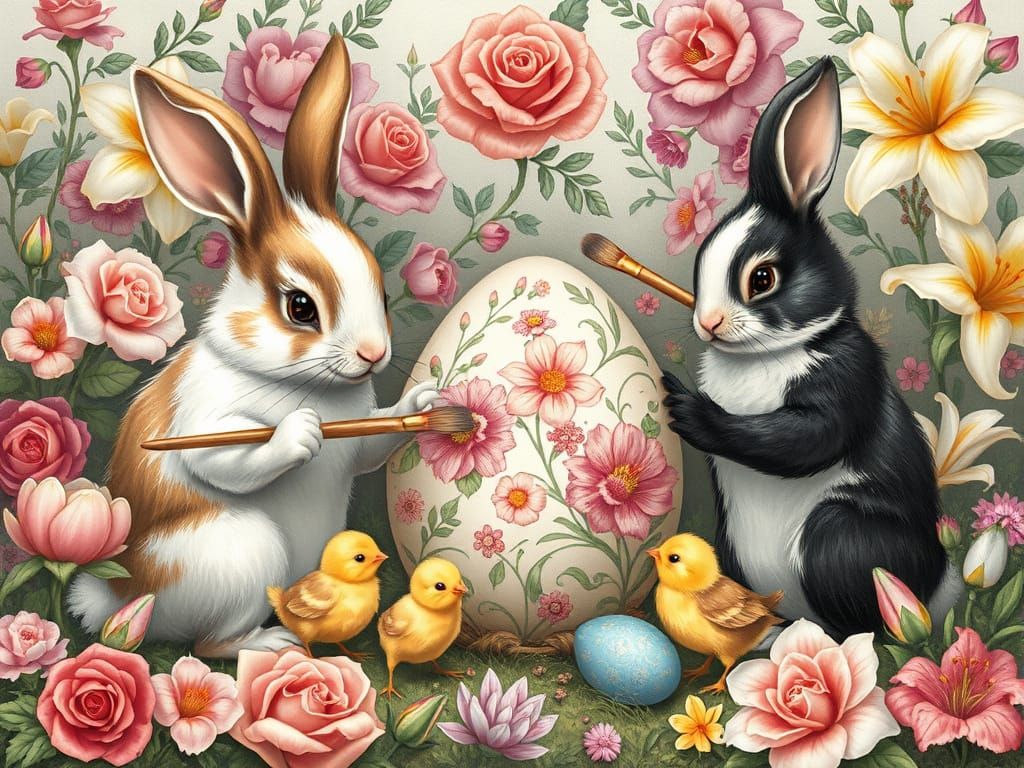 Bunnies and Chicks Painting Easter Eggs: Vintage Illustratio...