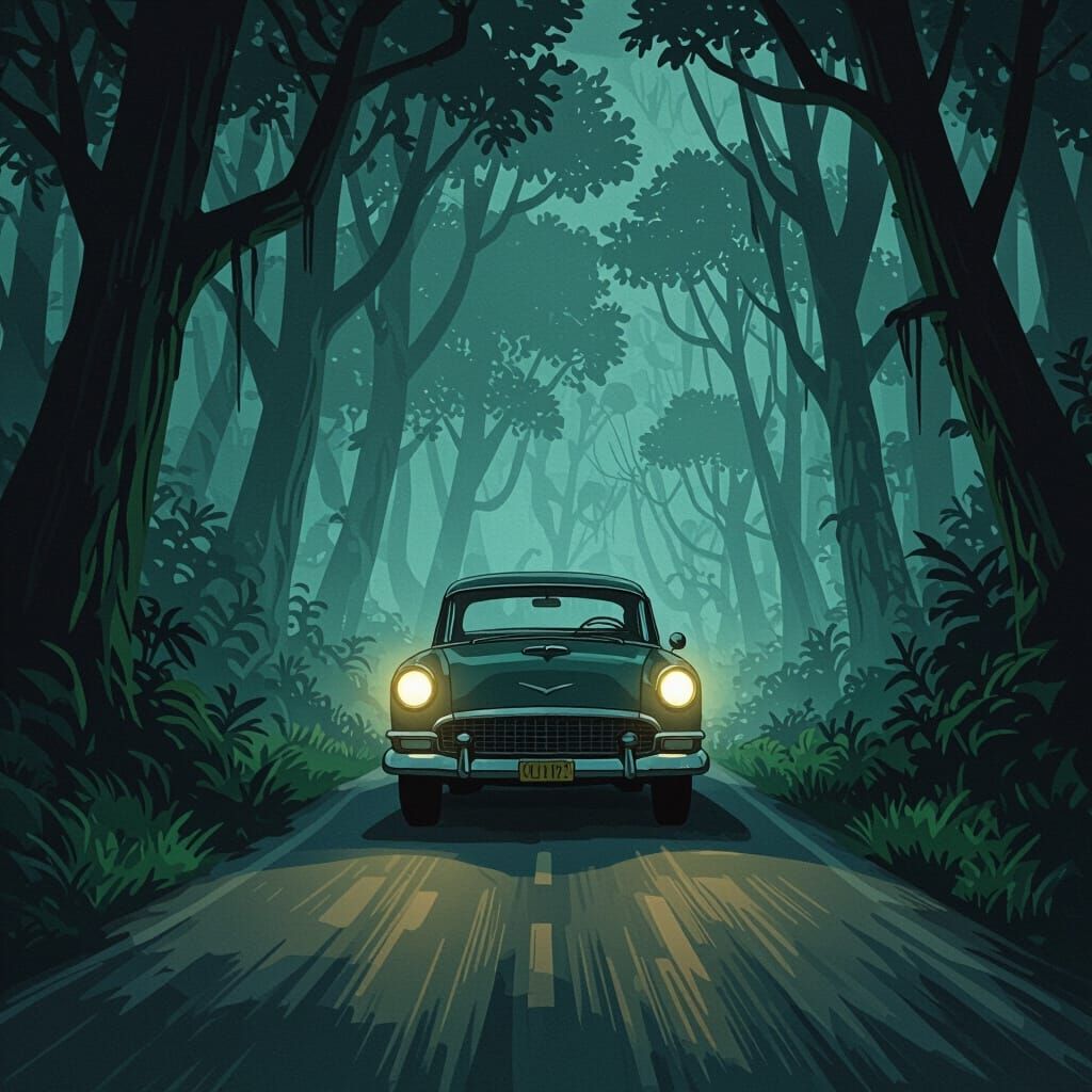 Vintage Car on Foggy Jungle Road at Night