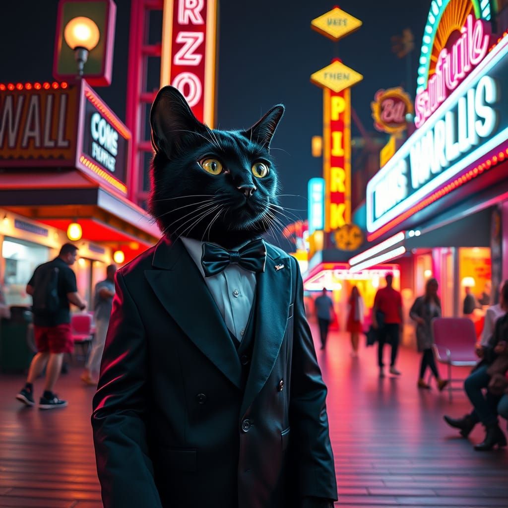 Hyperrealistic Tuxedo Cat on Neon Boardwalk