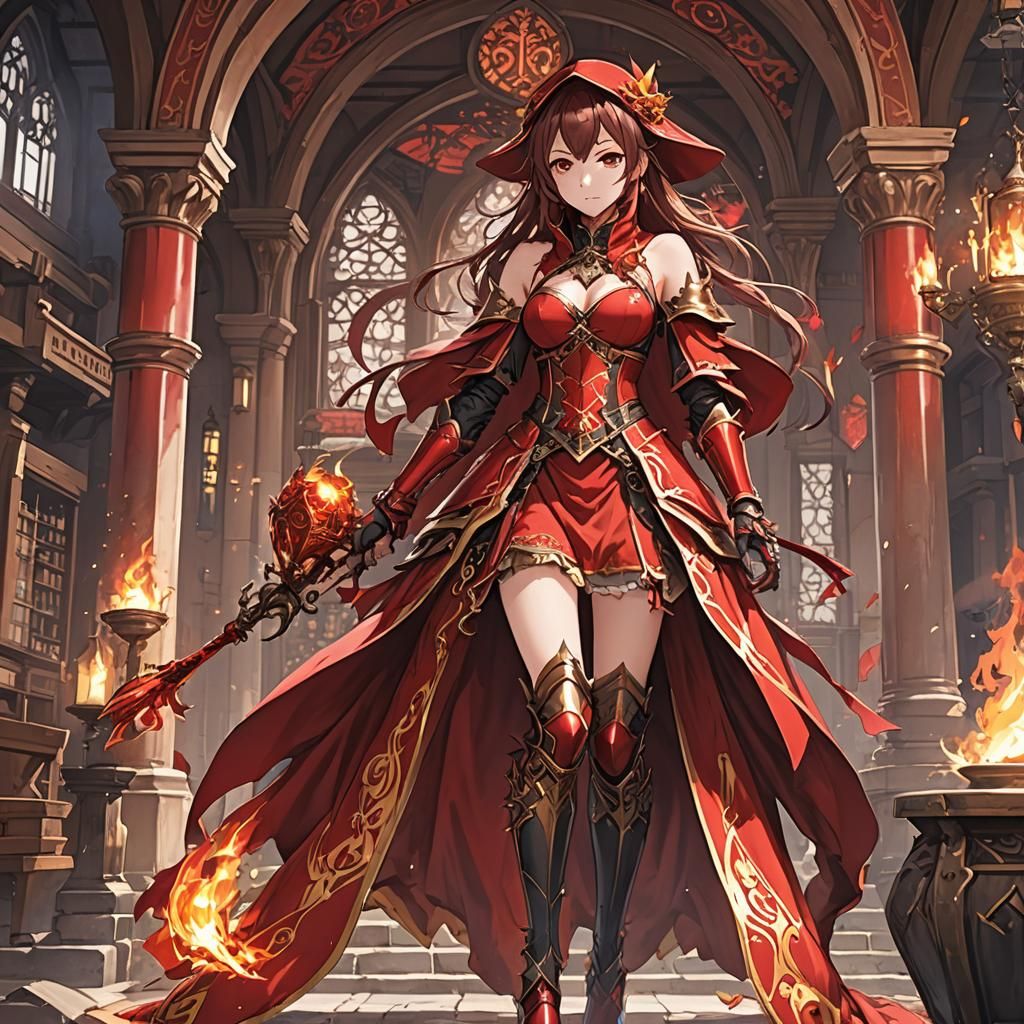Anime Style Red Armored Mage Girl in Mansion