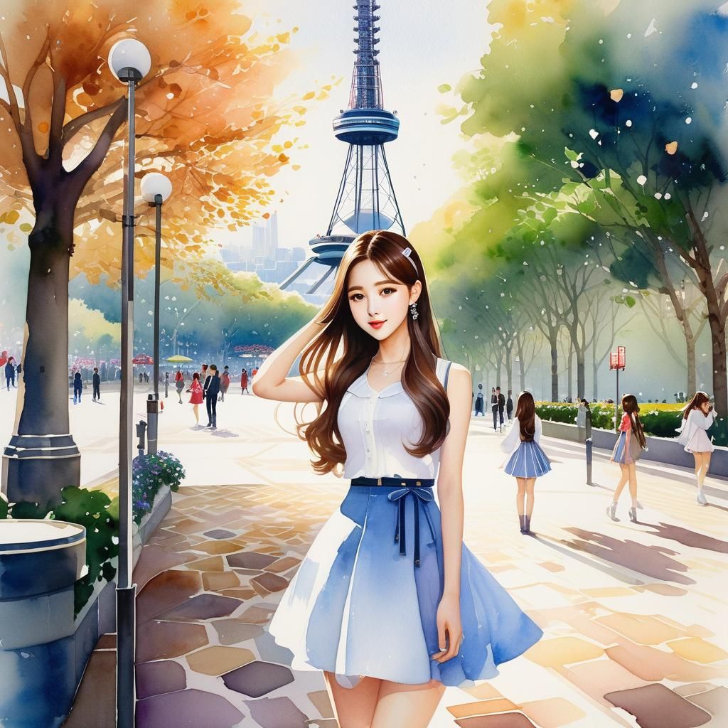 Korean Girl in Y2K Fashion: Watercolor Painting