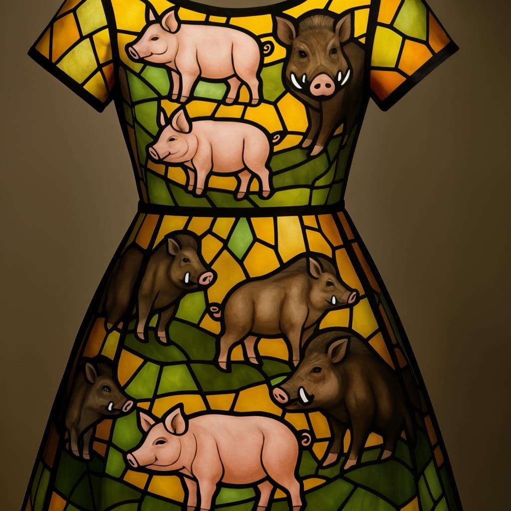 Stained Glass Dress with Pig Motifs
