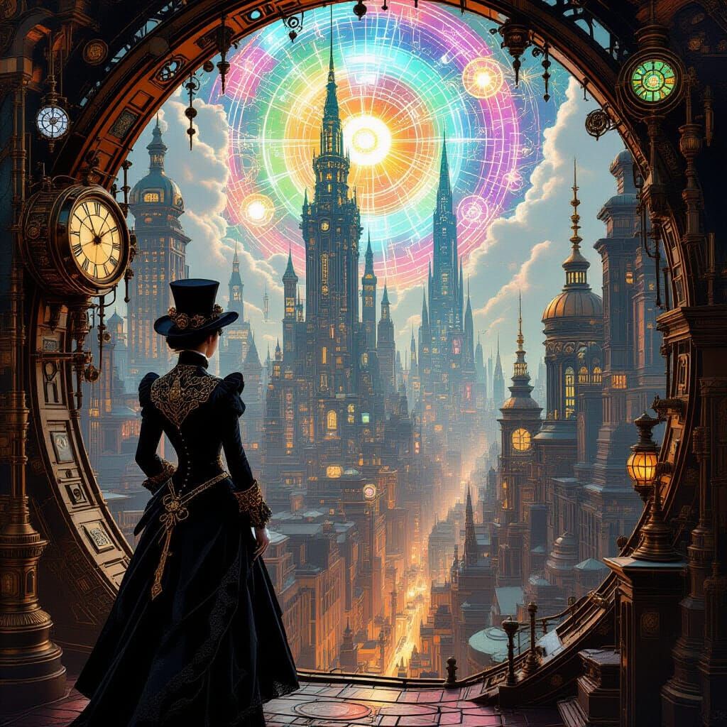 Steampunk Alchemist in a Metropolis of Clockwork and Neon