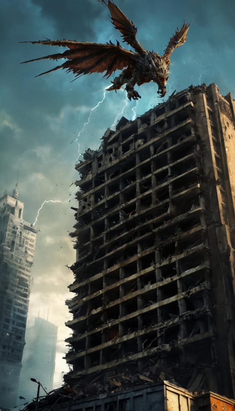 Post-Apocalyptic Cityscape with Flying Monster