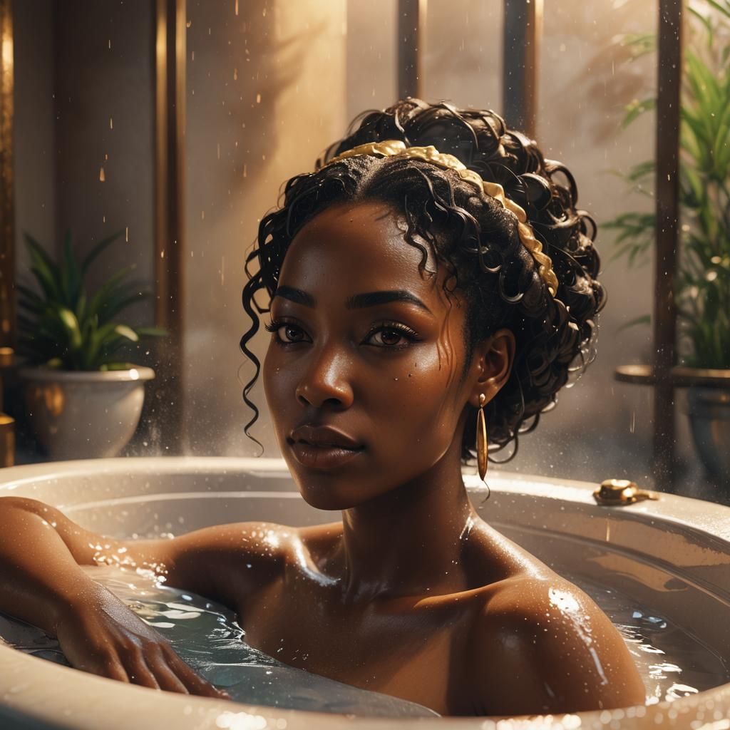 Ebony Woman Relaxing in Bathtub in Anime Style