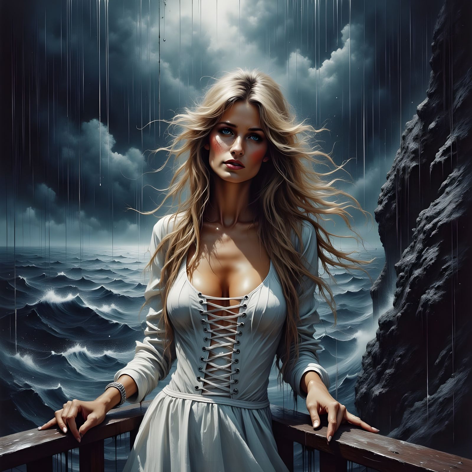 Princess Diana in Stormy Oil Painting on Balcony