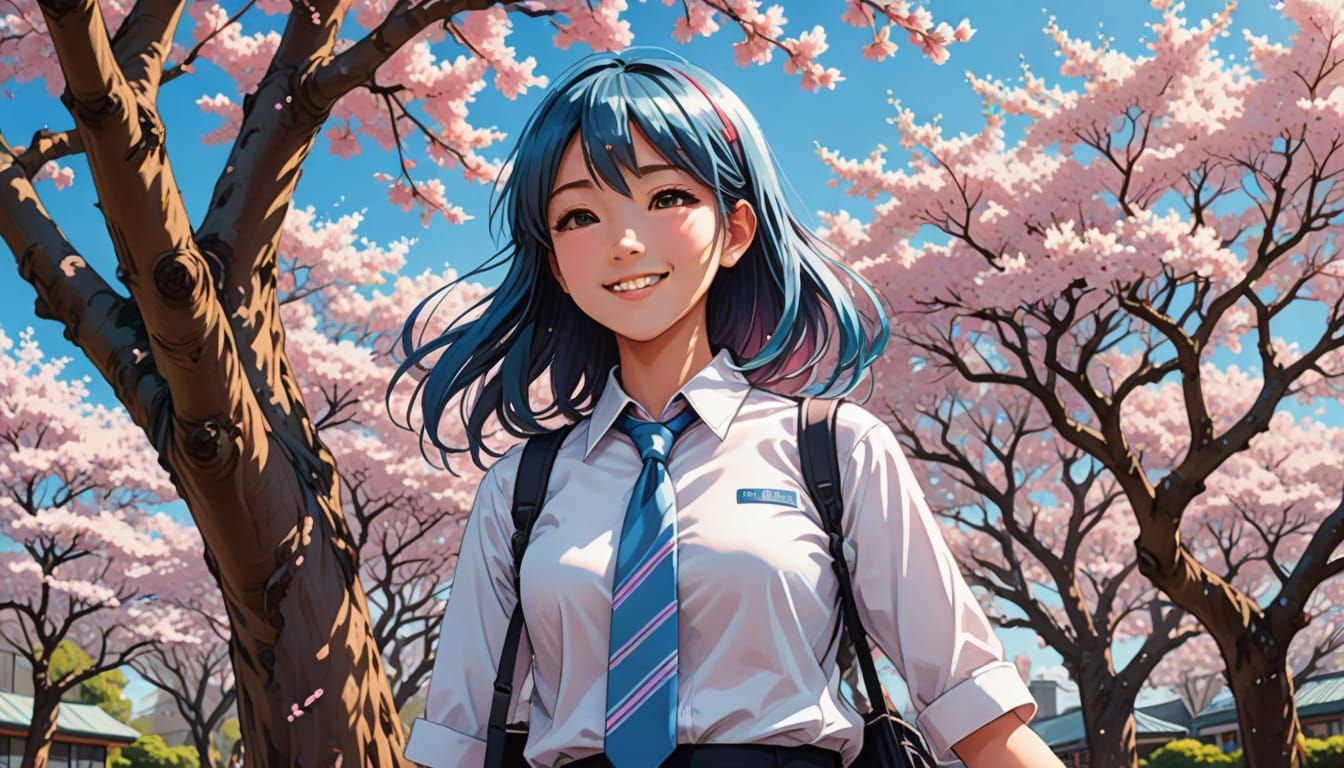 Anime Schoolgirl Portrait with Cherry Blossoms
