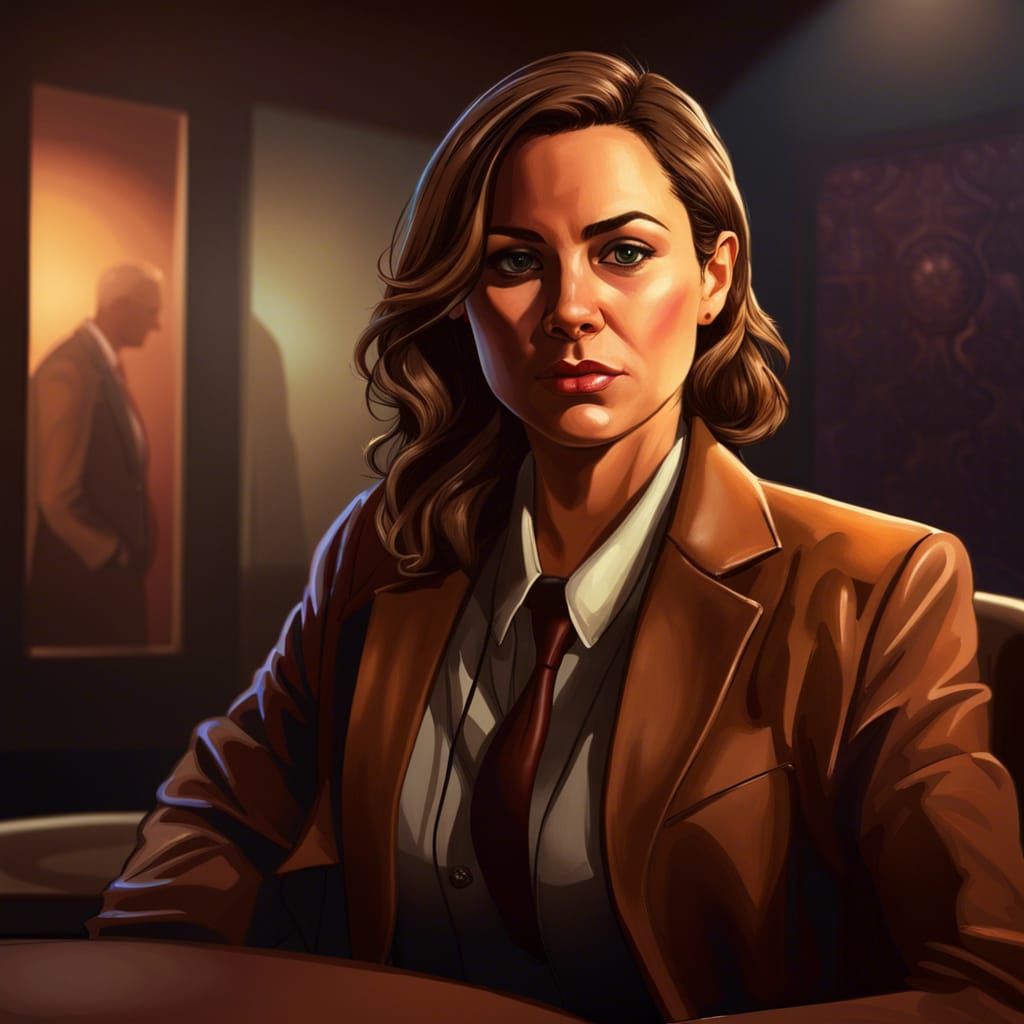 Female Detective in brown suit in an interview room
