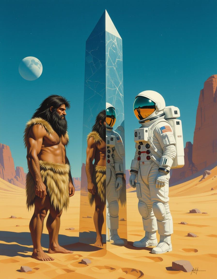 Caveman and Astronaut Beside Mysterious Monolith