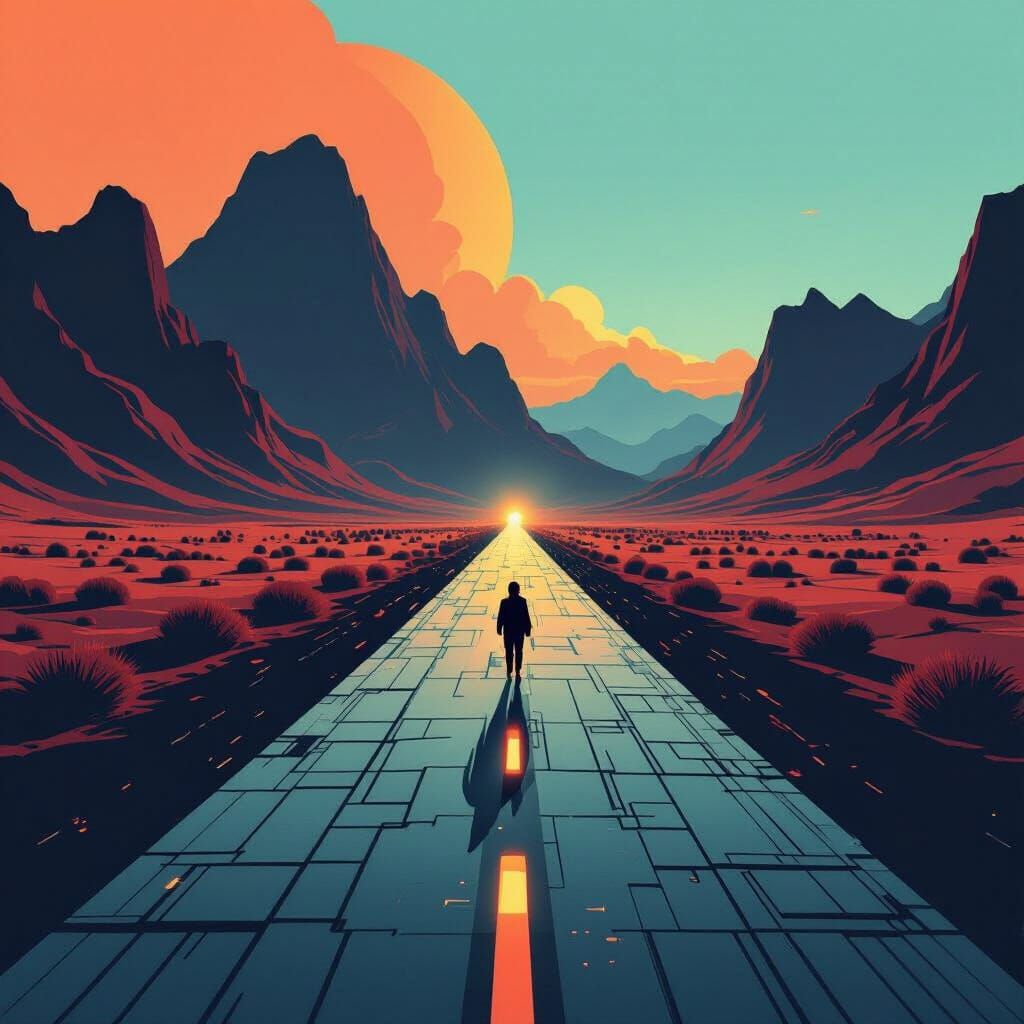 Binary Code Horizon to Mountains, Abstract Futurism