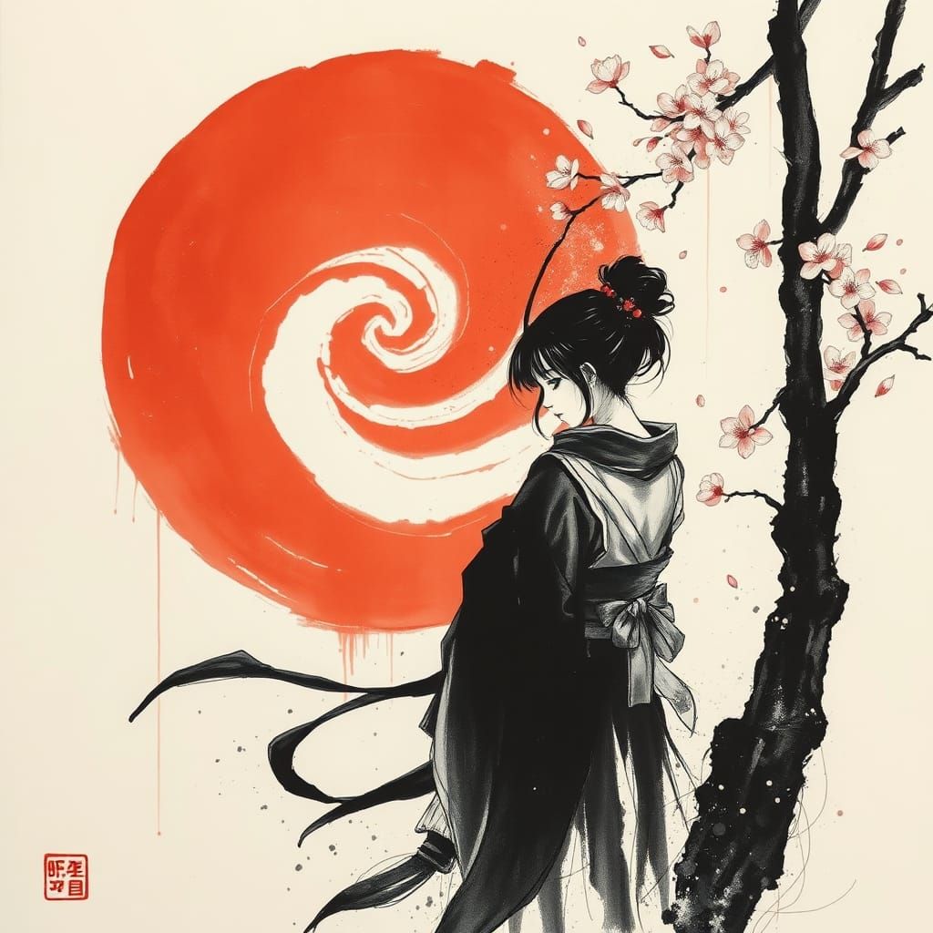 Lonely Samurai in Sumi-e Style with Red Sun