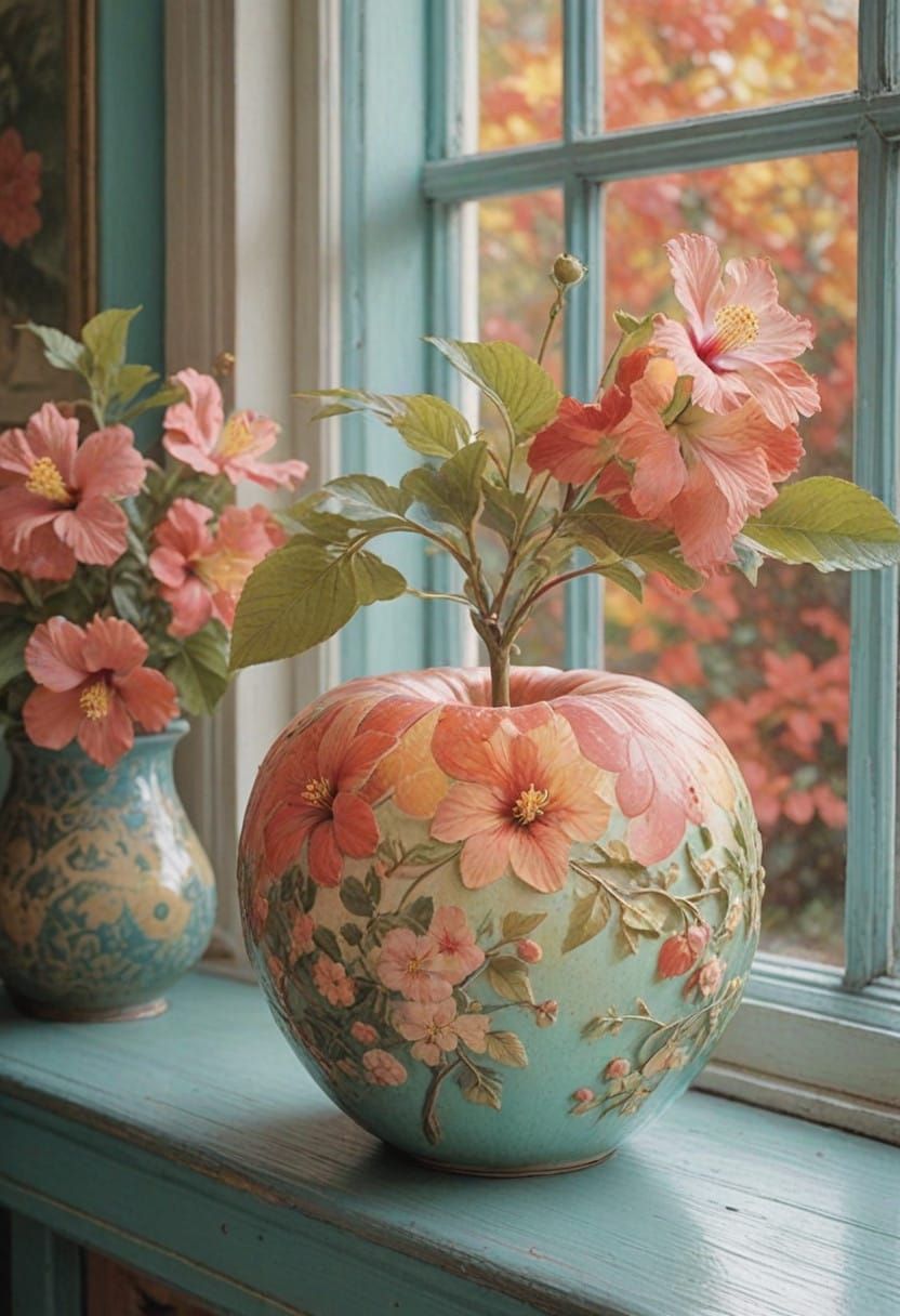 Turquoise Wooden Still Life with Ornate Apple Vase