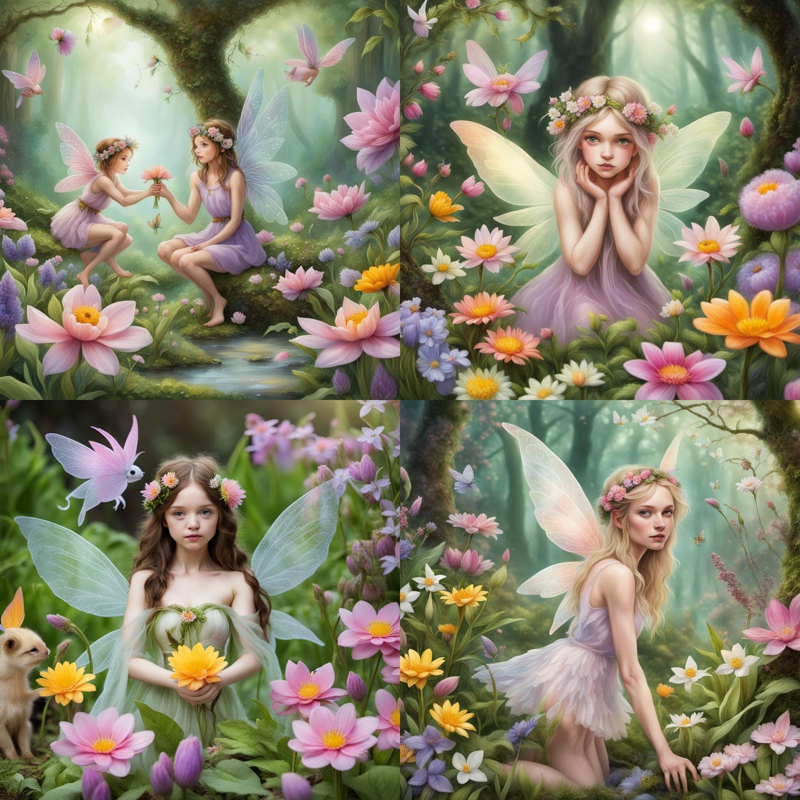 Magical Spring Scene with Flowers and Fairies